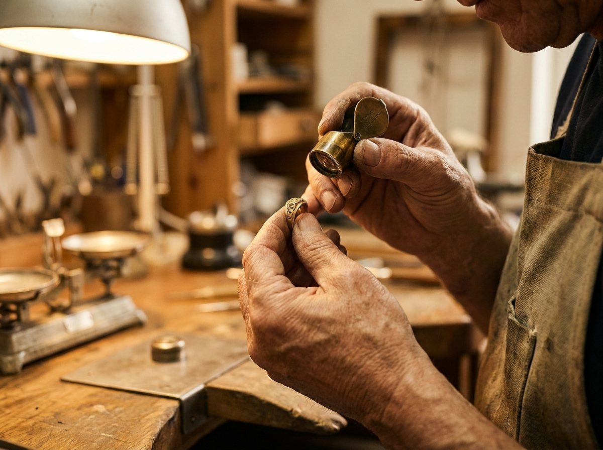 Ein Goldring wird unter der Lupe geprüft